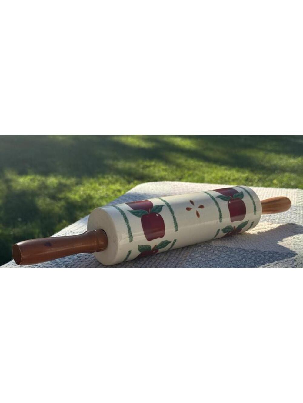 Vintage Cottage Core Ceramic Rolling Pin with Apple Design